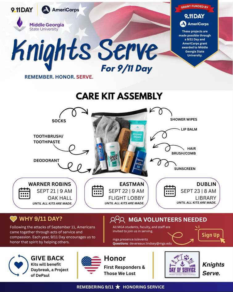 Flyer for Knights Serve Care Kit event, details in description.
